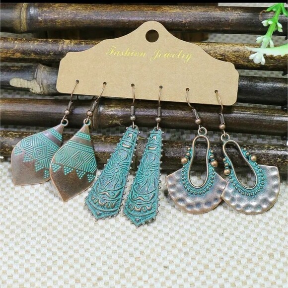 BRONZE copper turquoise boho earring bundle - Picture 4 of 6